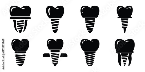 tooth implant minimal silhouette vector icon set