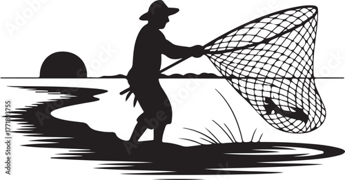 Silhouette of a fisherman casting a net into a river at sunset