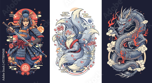 Stunning samurai warrior, enchanting kitsune fox, and dynamic dragon illustrations for fantasy artwork projects