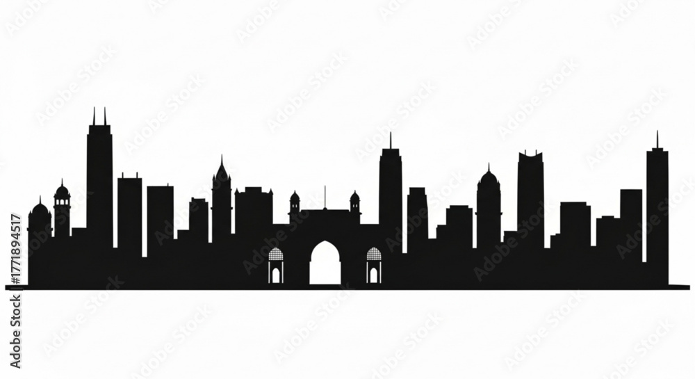 Fototapeta premium Silhouette of a cityscape featuring various buildings and structures against a white background design view created with generative ai
