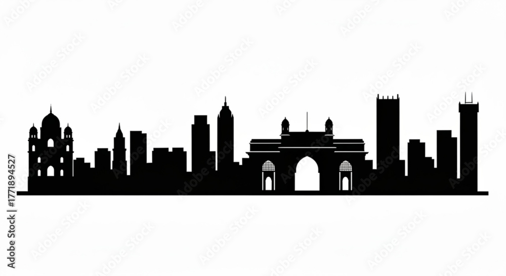 Fototapeta premium Silhouette of a city skyline featuring various buildings including a gate and a dome shaped structure created with generative ai