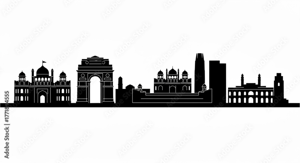 Naklejka premium Silhouette of delhi skyline featuring india gate jama masjid and modern buildings in a black and white design created with generative ai
