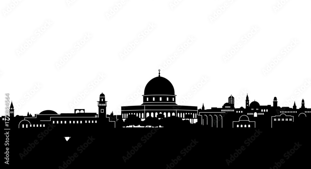 Naklejka premium Silhouette of jerusalem skyline featuring the dome of the rock and various buildings against white background created with generative ai