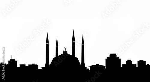 Silhouette of a mosque with minarets and surrounding buildings against a white background at daytime created with generative ai