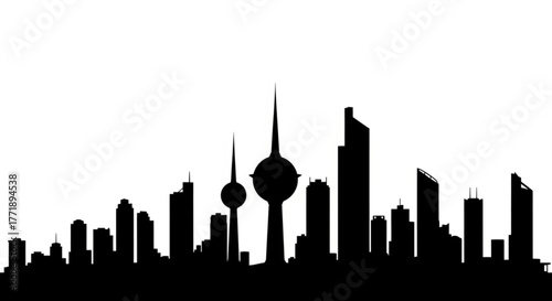 Silhouette of a cityscape with various buildings and towers against a white background in a simple style created with generative ai