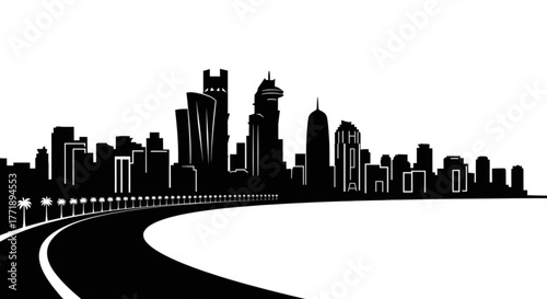 Black skyline silhouette with road and palm trees against a white background city landscape view created with generative ai