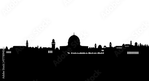 Silhouette of jerusalem skyline with dome of the rock and various buildings against a white background created with generative ai