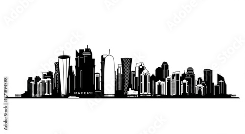 Silhouette of a cityscape with various tall buildings and skyscrapers in a black and white design style created with generative ai