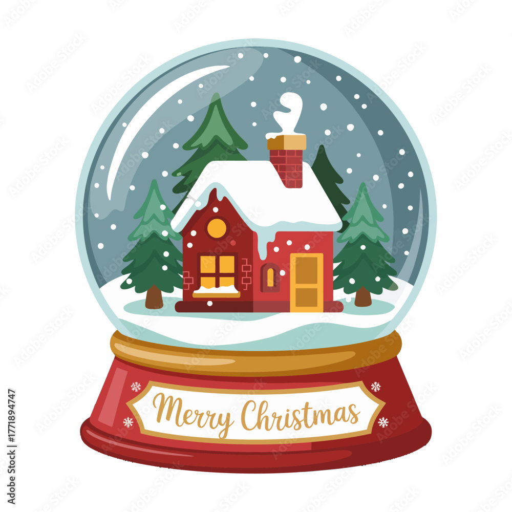 Obraz premium Cozy Winter Cabin Inside Snow Globe Merry Christmas Vector Illustration