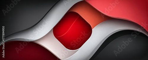 Red and white design with a black border. The red and white design is a wave with a red square in the middle