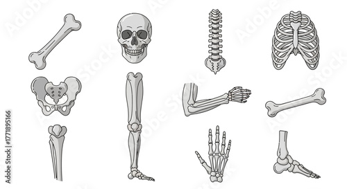 Anatomical Illustration of Human Skeletal System with Skull and Bones