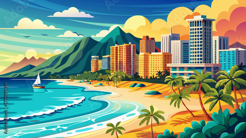Very beautiful panoramic view of Waikiki Beach skyline in Oahu, Hawaii, USA, showcasing golden sand, turquoise ocean waves, palm trees, and modern high-rise hotels under a bright tropical sky.
