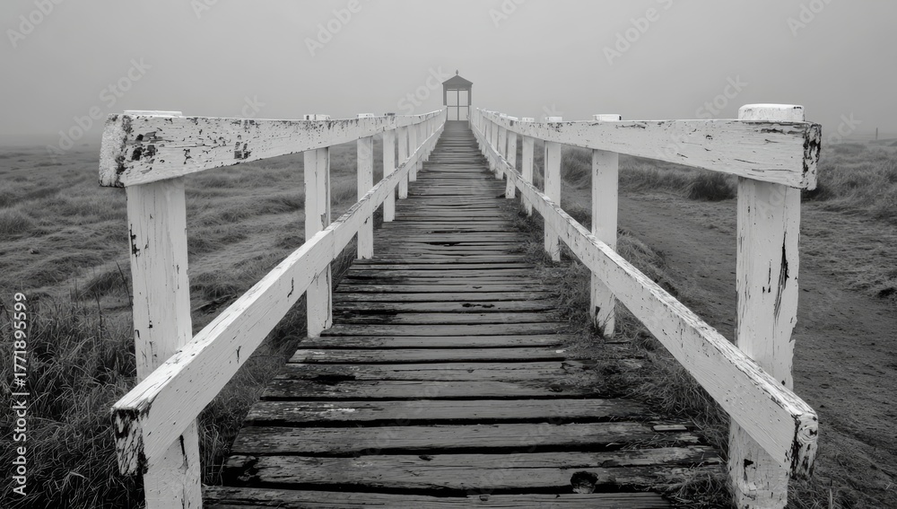 Obraz premium Wooden bridge with a bench on the side. The bridge is long and narrow, and the bench is empty. The scene is quiet
