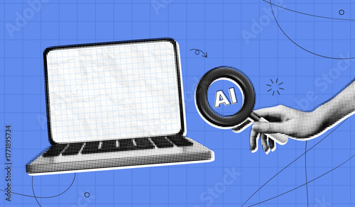 Trendy Halftone Collage Artificial intelligence and digital technology. Hand holding magnifying glass on laptop screen. AI powered search engine. Contemporary vector illustration art