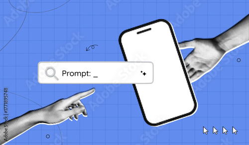 Trendy Halftone Collage Artificial intelligence and digital technology. Hand holds phone with search bar and prompt. AI powered search engine. Generate content. Contemporary vector illustration art