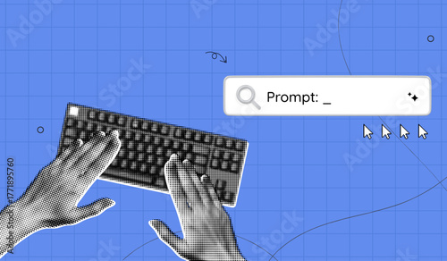 Trendy Halftone Collage Artificial intelligence and digital technology. Hands typing promt on keyboard. AI powered search engine. Generate content. Contemporary vector illustration art
