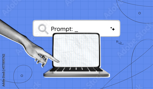 Trendy Halftone Collage Artificial intelligence and digital technology. Hand types in search bar using AI ​​Prompt. AI powered search engine. Generate content. Contemporary vector illustration art