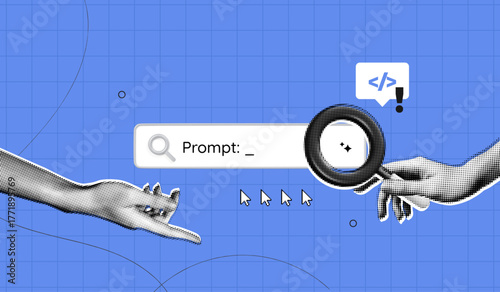 Trendy Halftone Collage Artificial intelligence and digital technology. Hand holding magnifying glass. AI powered search engine. Programming and coding. Contemporary vector illustration art