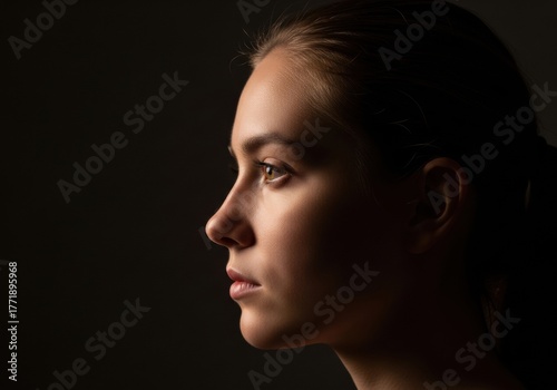 A side portrait of a person where light falls gently on one half of the face, leaving the rest in shadow