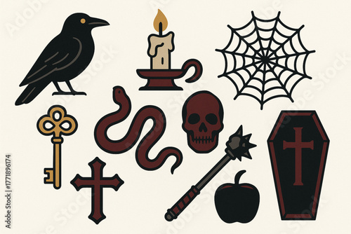 Stylized Halloween and gothic icons with spooky symbols in colorful graphic layout