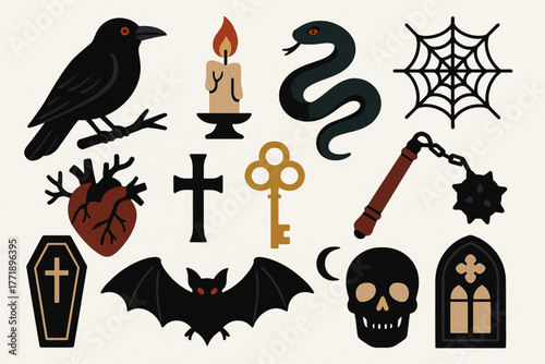 Stylized Halloween and gothic icons with spooky symbols in colorful graphic layout