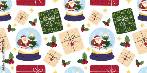 Seamless Christmas pattern with gifts and Santa Claus in snow globe. Bright and festive repeating background with Christmas gift boxes, holly berries, and traditional snow globes with Santa. 
