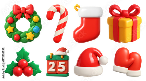 PNG Festive holiday icons in 3D, element set on transparent background