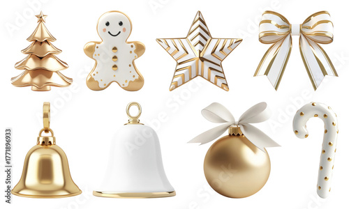 PNG Festive gold white holiday decorations, element set on transparent background