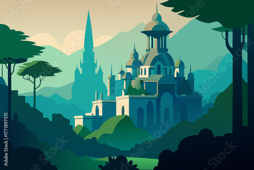 A simple cartoon of an elven city in a tree canopy vector illustration