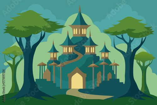 A cartoon illustration of an elven city in a tree canopy vector illustration