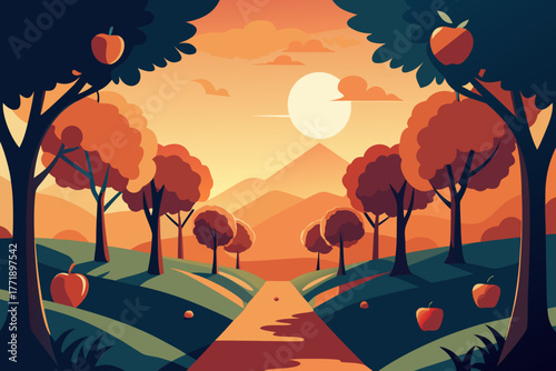 A cartoon illustration of an enchanted apple orchard vector illustration