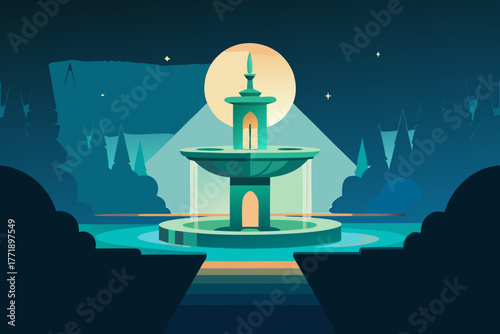 A cartoon illustration of an enchanted fountain vector illustration