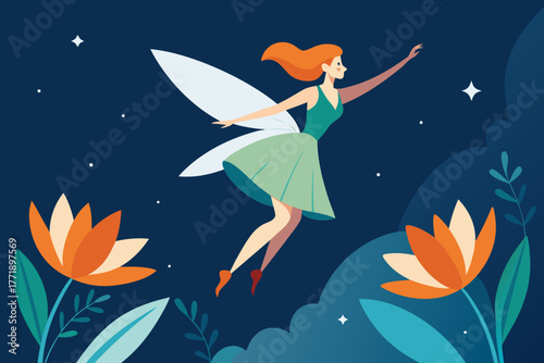 A beautiful cartoon scene of a fairy flying over flowers vector illustration