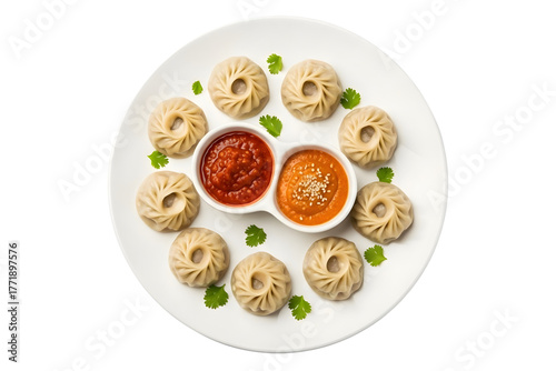 Top view of tasty momos with chutney isolated on transparent background