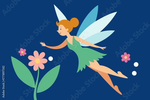 A cartoon illustration of a fairy flying over flowers vector illustration