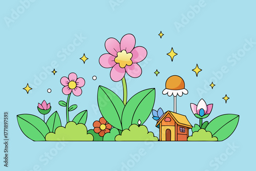 A magical cartoon scene of a fairy garden with giant flowers and sparkles vector illustration