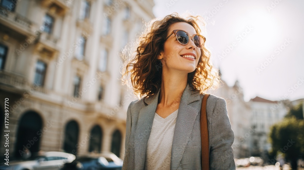 Fototapeta premium portrait of successful happy woman on her way to work on street confident business woman wearing blazer carrying side bag walking with a smile smiling woman wearing sunglasses and walking on street n