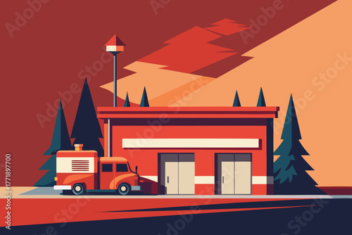 A cartoon illustration of a fire station with a truck vector illustration