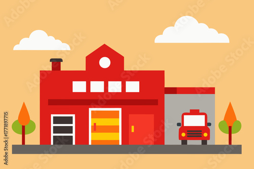 A simple cartoon of a fire station with a truck vector illustration