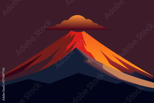 A cartoon illustration of a flat volcano eruption vector illustration