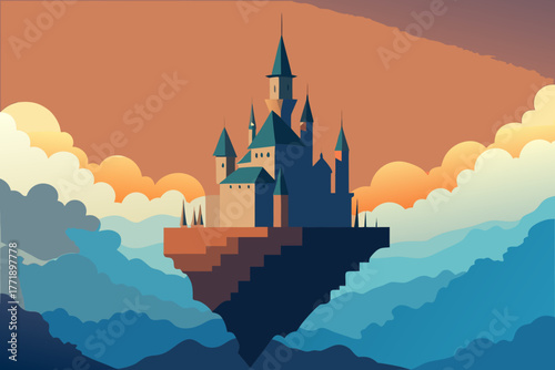 A simple cartoon of a floating castle above the clouds vector illustration
