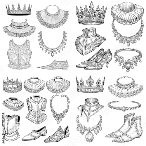 Hand-drawn illustration of royal crowns, jewelry, corsets, and shoes in vintage style. Perfect for fashion design, history, and antique decorative art.