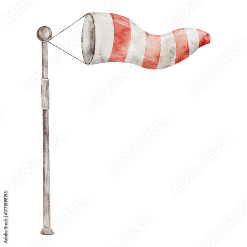 Watercolor windsock on wooden pole with red and white stripes. Hand painted Illustration wind cone Indicate wind direction and speed isolated on Background