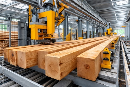 Lumber processing in modern automated wood sawmill factory