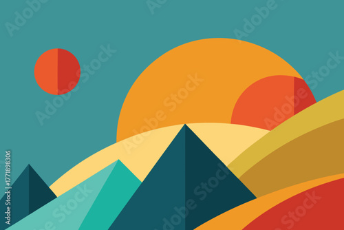 A simple cartoon of geometric hills with circles and triangles vector illustration