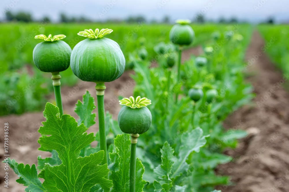 Obraz premium Green opium poppy capsules growing in field
