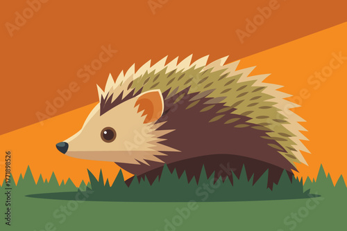 A cartoon illustration of a hedgehog in the grass vector illustration