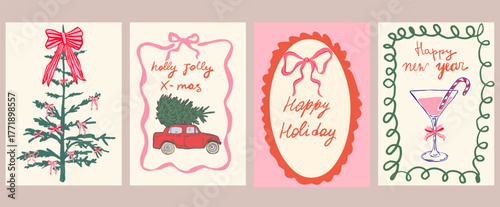 Set of Christmas greeting cards and party invitations in hand drawn vintage style, featuring mistletoe, gifts, Christmas tree, candles,bows and champagne, in pink, red and green colors, vector