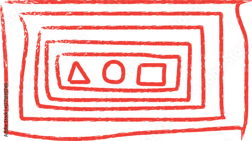 Hand-Drawn Red Crayon Doodle: Concentric Rectangles with Inner Triangle, Circle & Square Shapes, Isolated on White