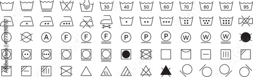 Laundry Care Icons Vector Set – Washing, Ironing, Drying and Clothing Label Symbols